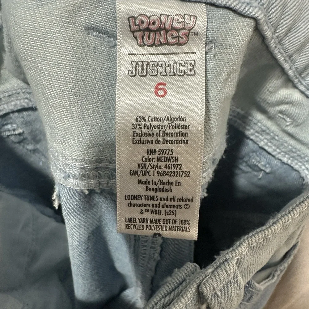 Justice Looney Tunes Barrel Jeans Youth‎ Size 6 Light Wash Cargo Denim